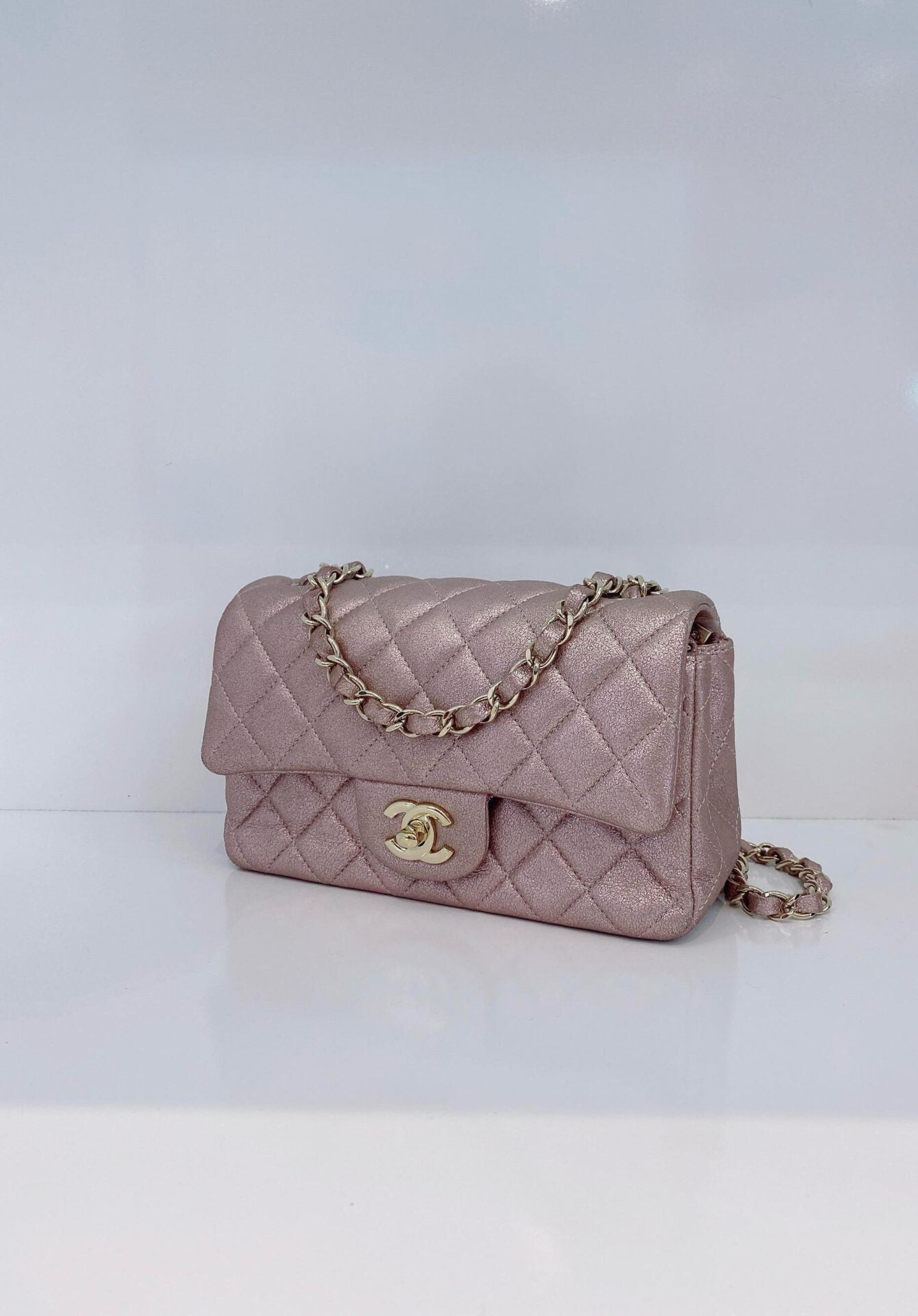 PINK METALLIC GOATSKIN QUILTED MINI RECTANGULAR CLASSIC FLAP BAG