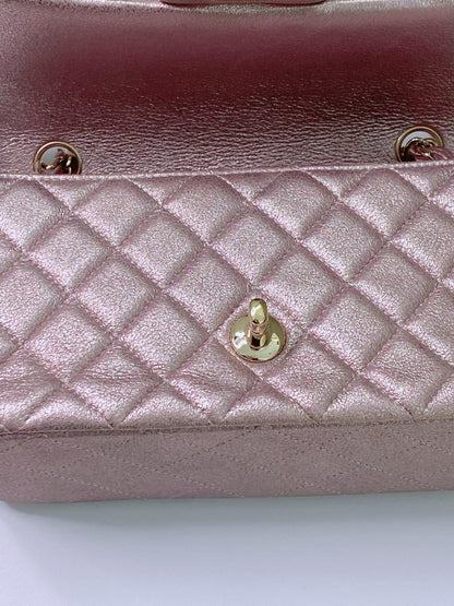 PINK METALLIC GOATSKIN QUILTED MINI RECTANGULAR CLASSIC FLAP BAG