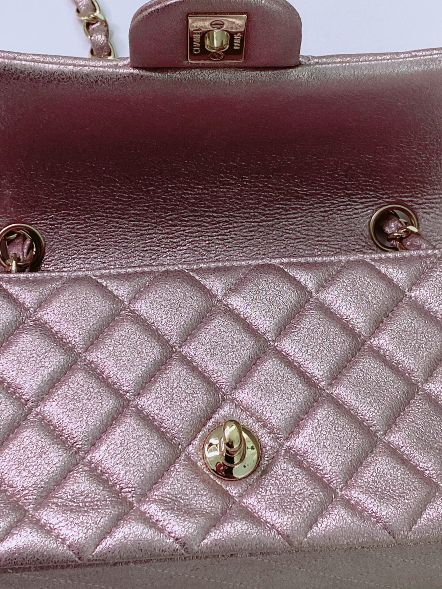 PINK METALLIC GOATSKIN QUILTED MINI RECTANGULAR CLASSIC FLAP BAG