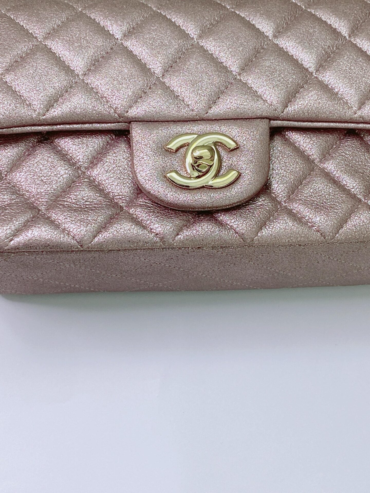 PINK METALLIC GOATSKIN QUILTED MINI RECTANGULAR CLASSIC FLAP BAG