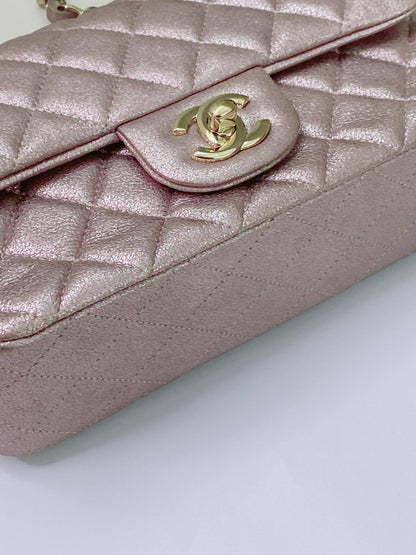 PINK METALLIC GOATSKIN QUILTED MINI RECTANGULAR CLASSIC FLAP BAG