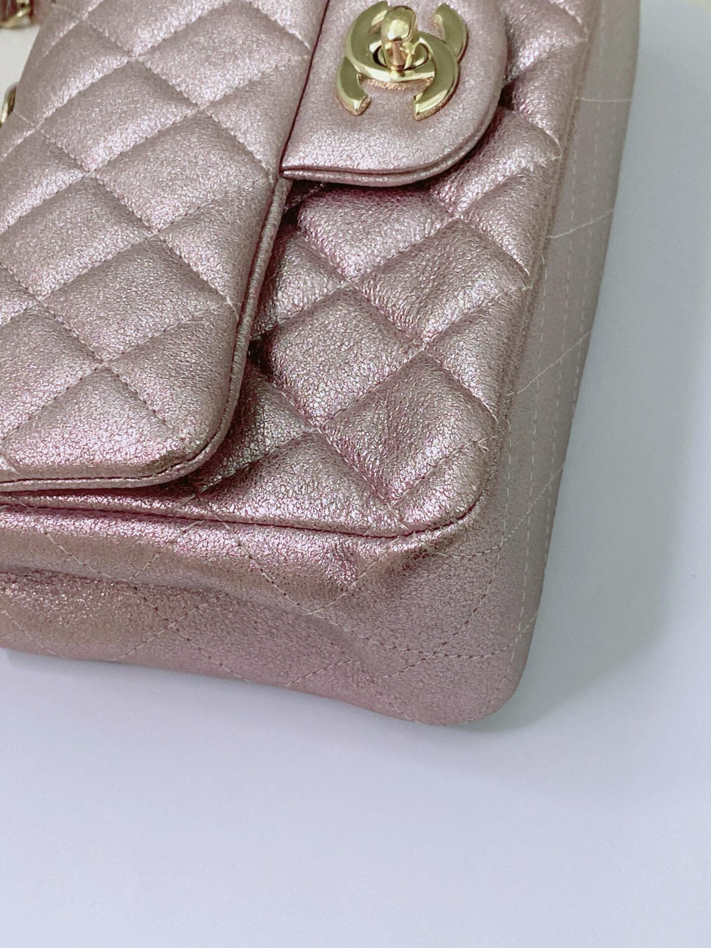 PINK METALLIC GOATSKIN QUILTED MINI RECTANGULAR CLASSIC FLAP BAG