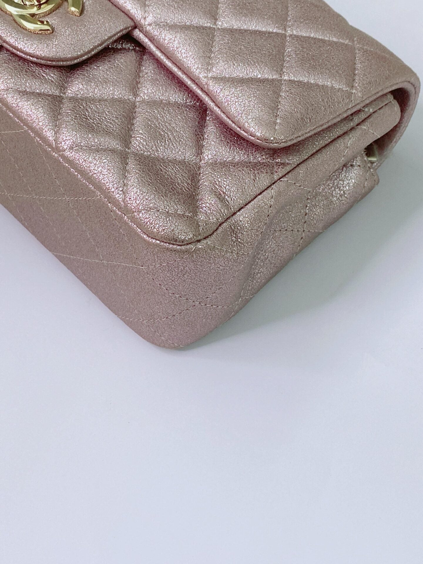 PINK METALLIC GOATSKIN QUILTED MINI RECTANGULAR CLASSIC FLAP BAG