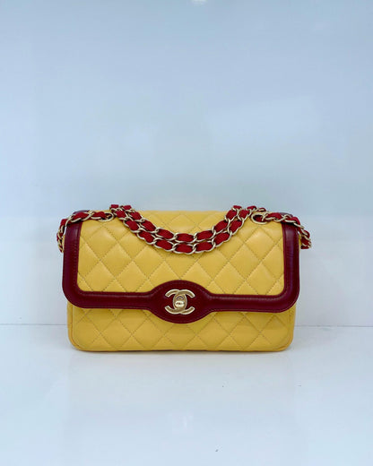 YELLOW AND BURGUNDY TWO TONE QUILTED LAMBSKIN DAY FLAP SHOULDER BAG