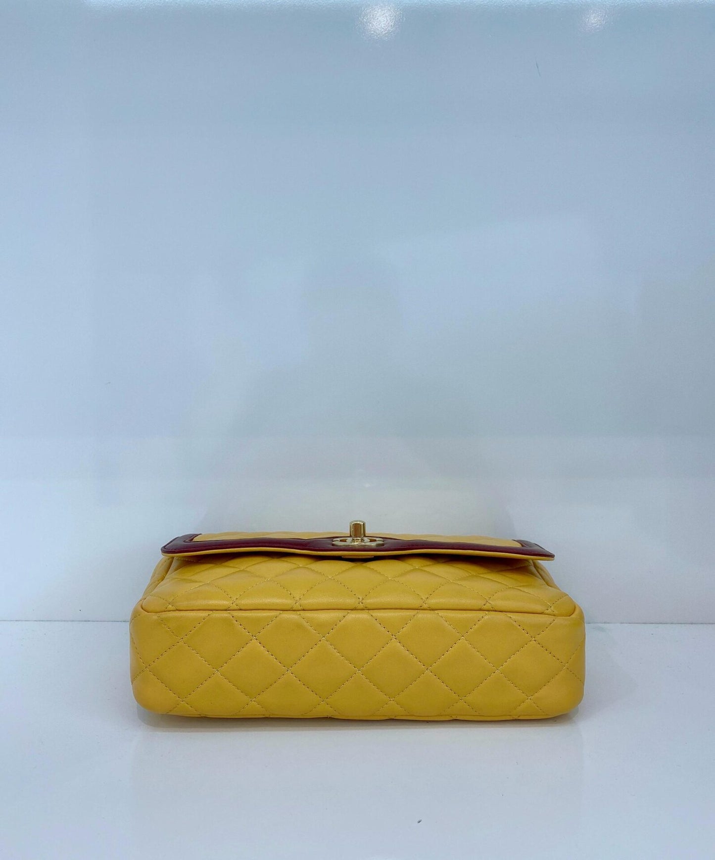 YELLOW AND BURGUNDY TWO TONE QUILTED LAMBSKIN DAY FLAP SHOULDER BAG