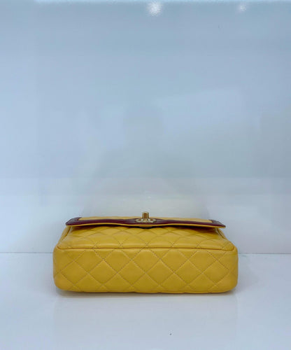 YELLOW AND BURGUNDY TWO TONE QUILTED LAMBSKIN DAY FLAP SHOULDER BAG