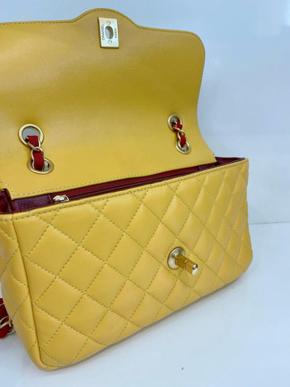 YELLOW AND BURGUNDY TWO TONE QUILTED LAMBSKIN DAY FLAP SHOULDER BAG