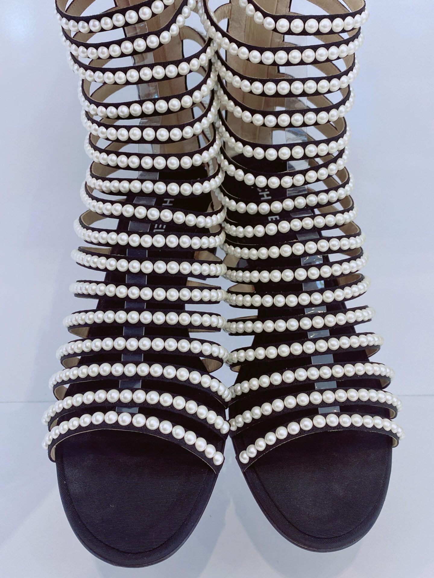 BLACK FAUX PEARL EMBELLISHED GLADIATOR SANDALS 40