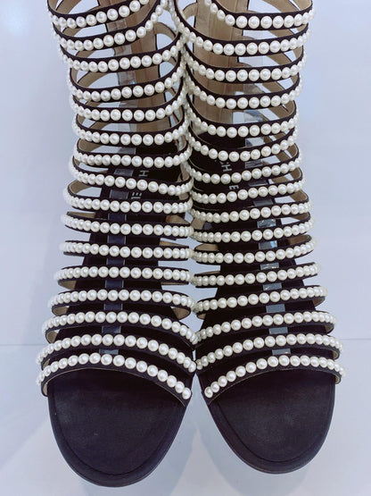 BLACK FAUX PEARL EMBELLISHED GLADIATOR SANDALS 40