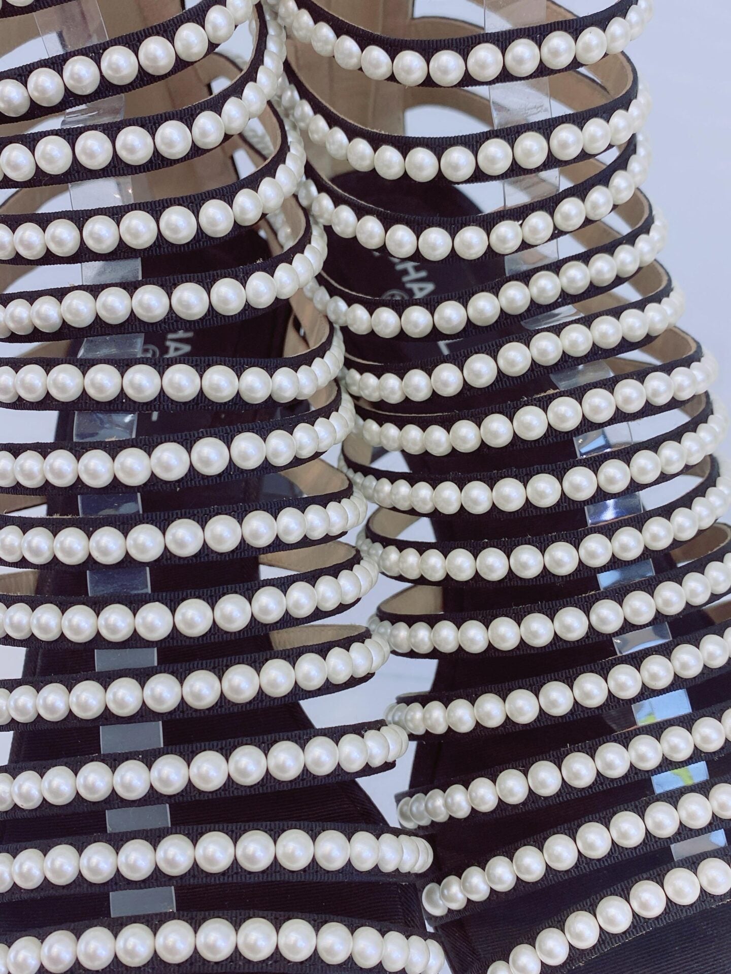 BLACK FAUX PEARL EMBELLISHED GLADIATOR SANDALS 40