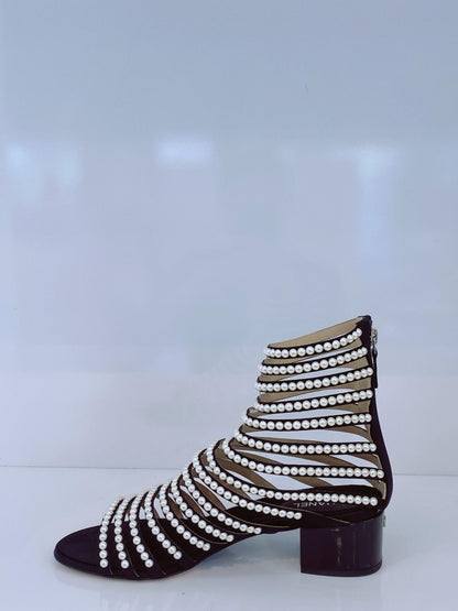 BLACK FAUX PEARL EMBELLISHED GLADIATOR SANDALS 40