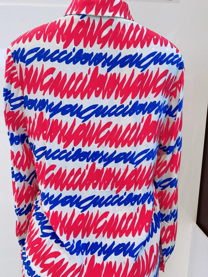 RED WHITE BLUE SCRIPT PRINT SHIRT AND TROUSER SET