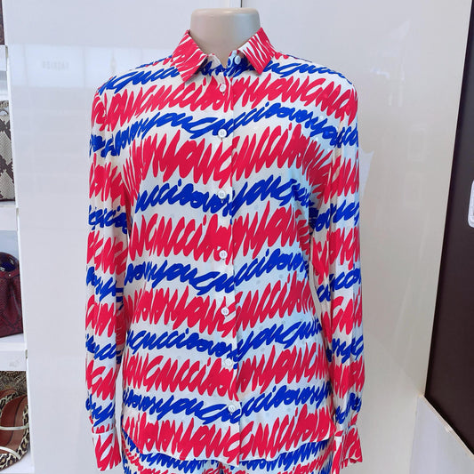 RED WHITE BLUE SCRIPT PRINT SHIRT AND TROUSER SET
