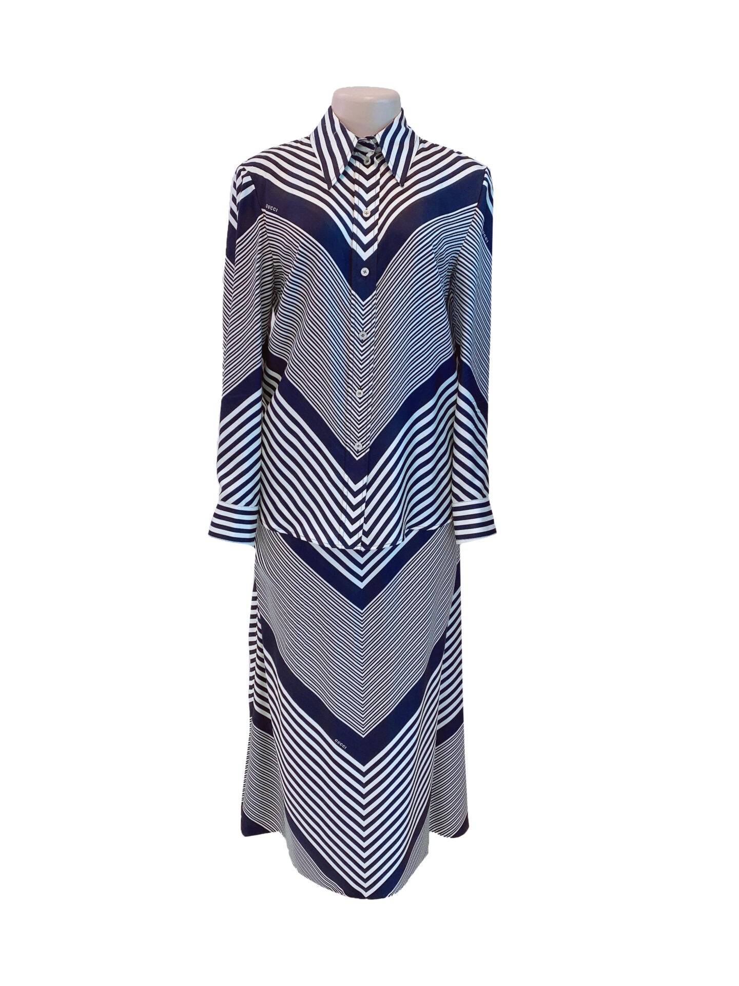 BLACK AND IVORY STRIPED SILK BLOUSE AND SKIRT SET