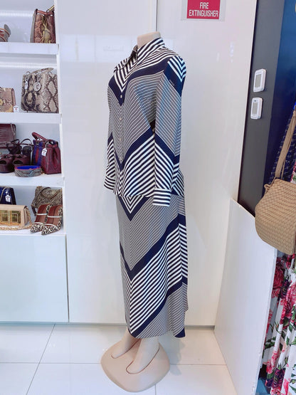 BLACK AND IVORY STRIPED SILK BLOUSE AND SKIRT SET