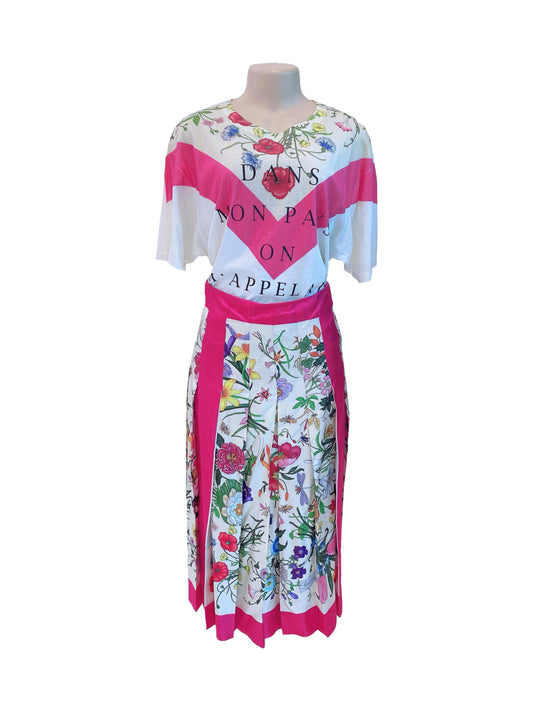 WHITE FLORAL PRINT COTTON T-SHIRT AND SKIRT SET