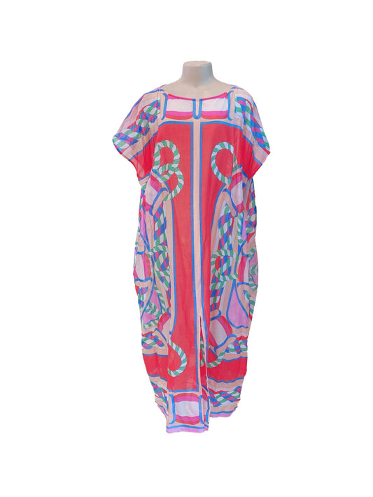 ORANGE MULTI CANOE PAREO BEACH CAFTAN DRESS