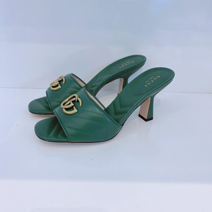 GREEN QUILTED LEATHER LOGO  EMBELLISHED DOUBLE G MULES SANDALS 38.5