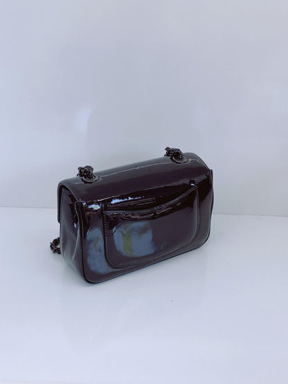 BLACK PATENT CALFSKIN SMALL CAMELLIA SINGLE FLAP BAG