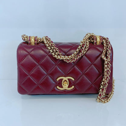 BURGUNDY LAMBSKIN COCO MARK MATELASSE 3 CHAIN SHOULDER BAG