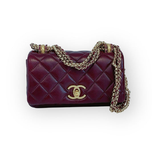 BURGUNDY LAMBSKIN COCO MARK MATELASSE 3 CHAIN SHOULDER BAG