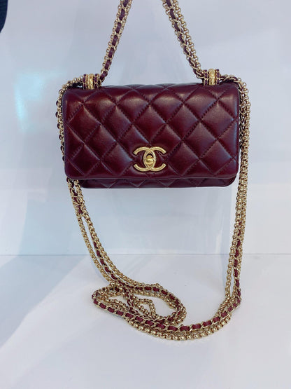 BURGUNDY LAMBSKIN COCO MARK MATELASSE 3 CHAIN SHOULDER BAG