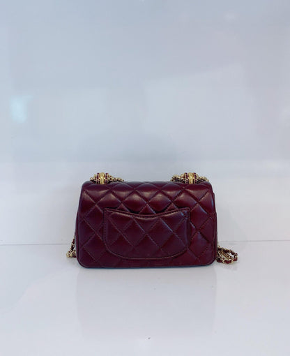 BURGUNDY LAMBSKIN COCO MARK MATELASSE 3 CHAIN SHOULDER BAG