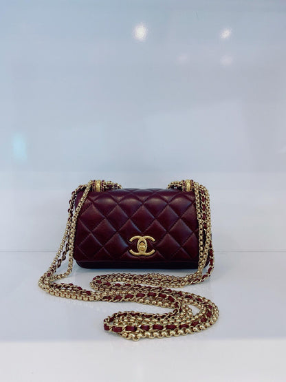 BURGUNDY LAMBSKIN COCO MARK MATELASSE 3 CHAIN SHOULDER BAG