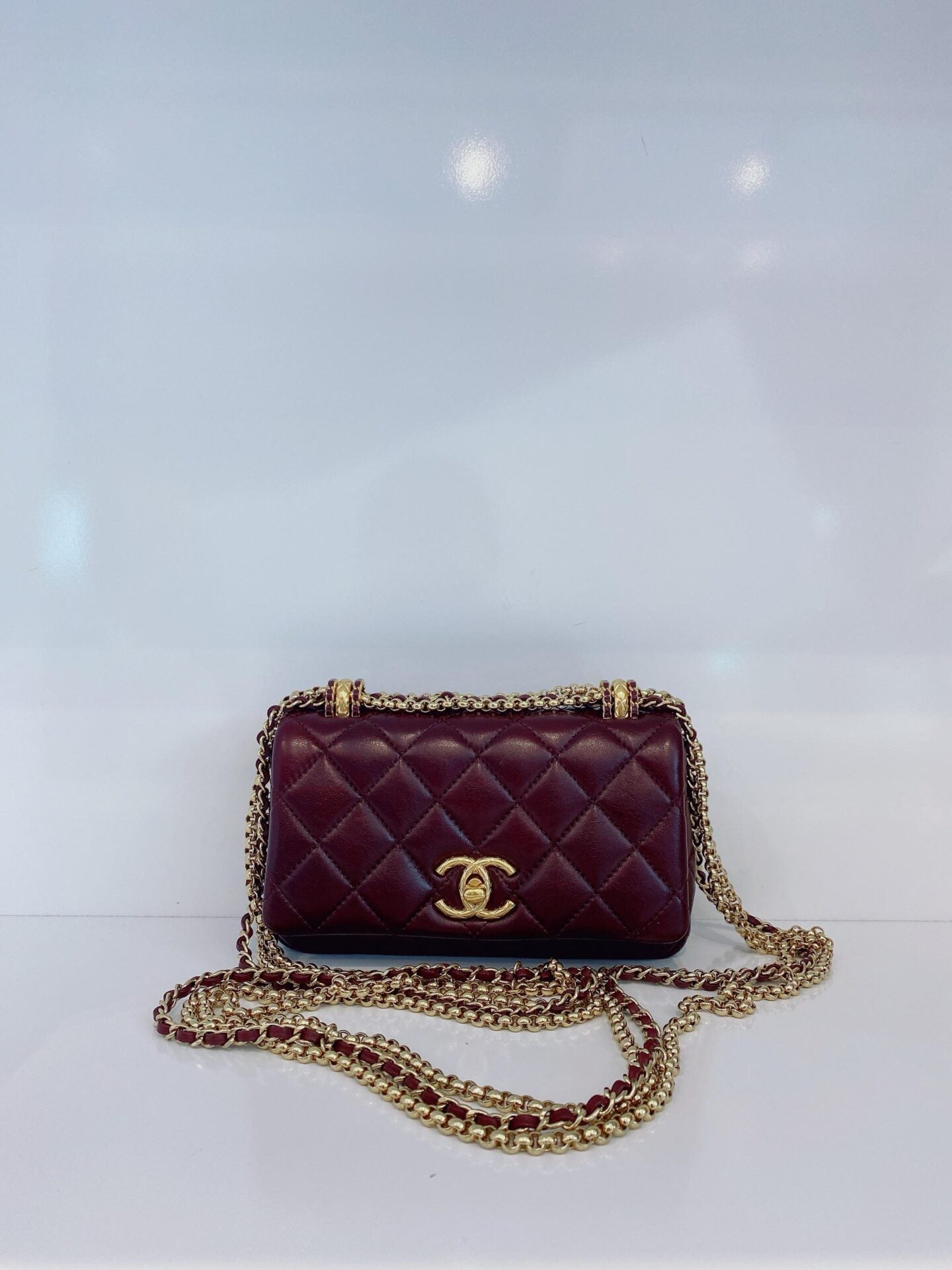BURGUNDY LAMBSKIN COCO MARK MATELASSE 3 CHAIN SHOULDER BAG