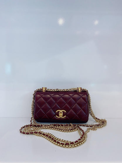 BURGUNDY LAMBSKIN COCO MARK MATELASSE 3 CHAIN SHOULDER BAG