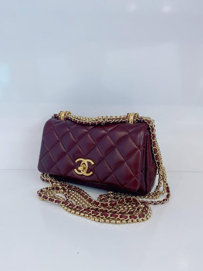 BURGUNDY LAMBSKIN COCO MARK MATELASSE 3 CHAIN SHOULDER BAG
