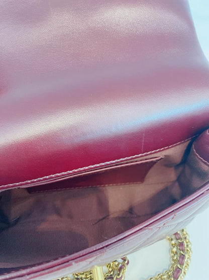 BURGUNDY LAMBSKIN COCO MARK MATELASSE 3 CHAIN SHOULDER BAG