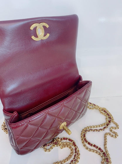 BURGUNDY LAMBSKIN COCO MARK MATELASSE 3 CHAIN SHOULDER BAG