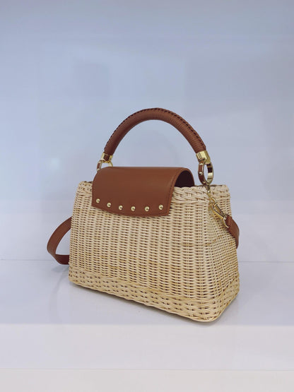 BROWN BEIGE BRAIDED RATTAN WITH SMOOTH COWHIDE LEATHER HANDLE CAPUCINES BB HANDBAG
