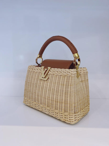 BROWN BEIGE BRAIDED RATTAN WITH SMOOTH COWHIDE LEATHER HANDLE CAPUCINES BB HANDBAG