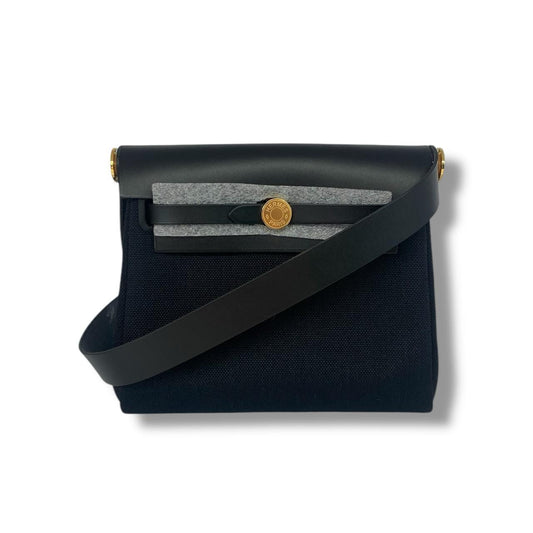 HERBAG ZIP 20 MINI BLACK TOILE MILITAIRE CANVAS AND BLACK VACHE HUNTER GOLD HARDWARE