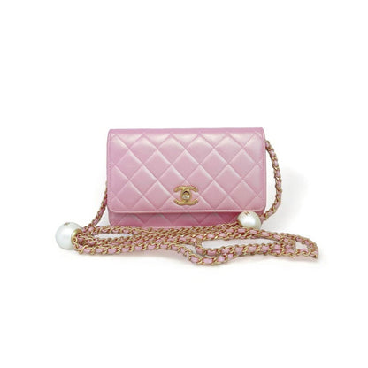 PINK IRIDESCENT LAMBSKIN LEATHER WITH PEARL IMMITATIONS WALLET ON CHAIN