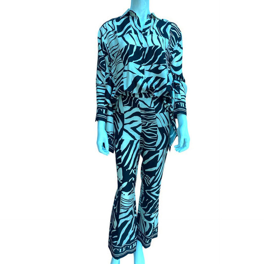 BLACK AND WHITE SILK LONG SLEEVE BLOUSE AND TROUSER SET