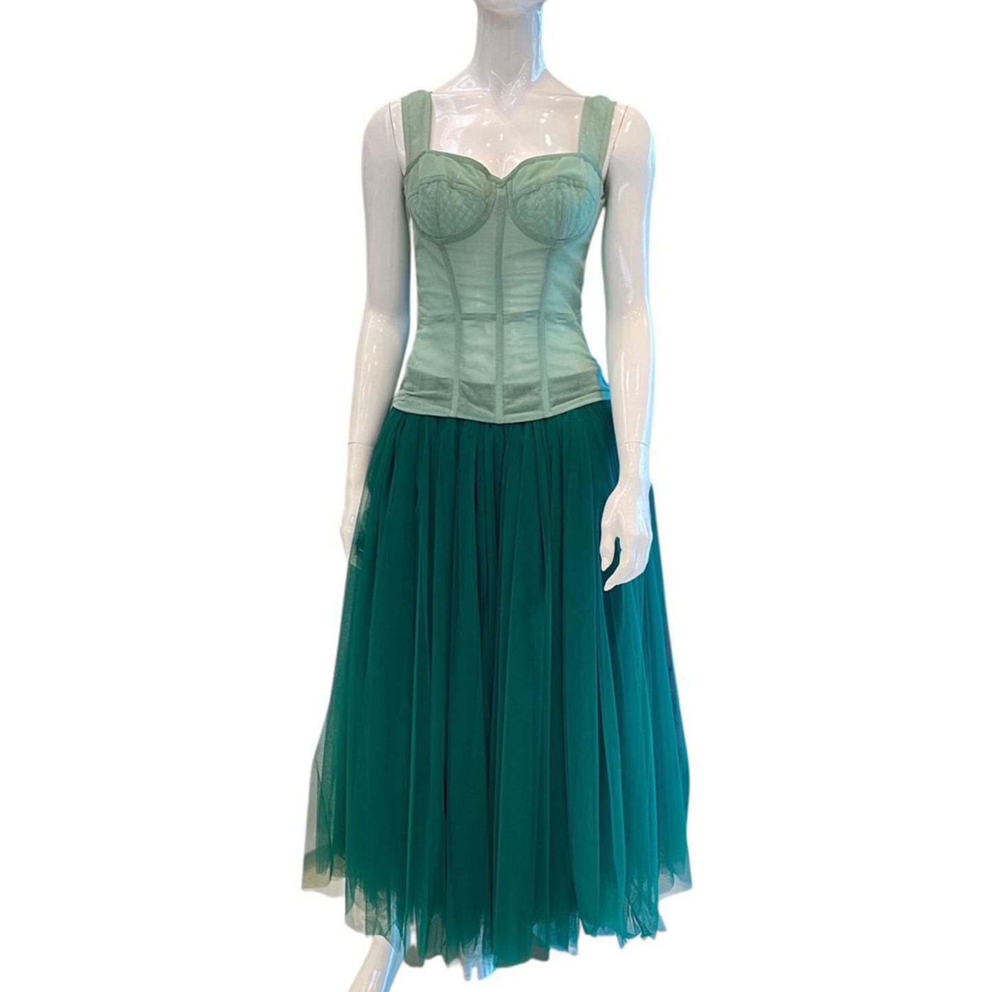 GREEN COTTON BUSTIER CORSET SLEEVELESS TOP AND TULLE MIDI SKIRT 44/46