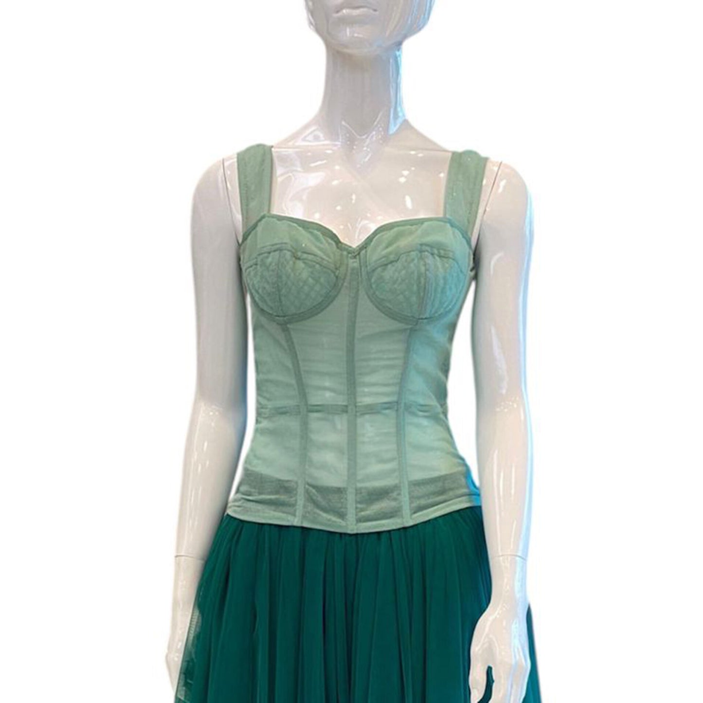 GREEN COTTON BUSTIER CORSET SLEEVELESS TOP AND TULLE MIDI SKIRT 44/46