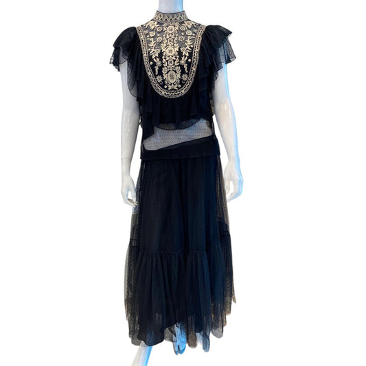 BLACK MESH EMBROIDERED RUFFLE BLOUSE MESH MID LENGTH POLKADOT PLEATED SKIRT 44/46