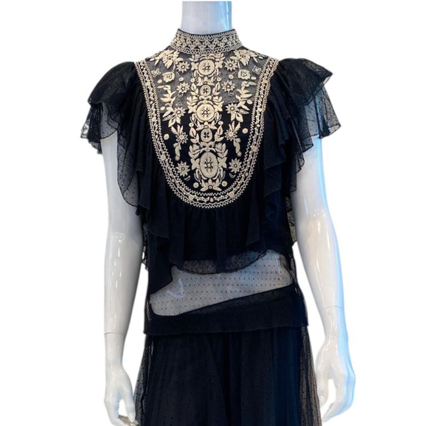 BLACK MESH EMBROIDERED RUFFLE BLOUSE MESH MID LENGTH POLKADOT PLEATED SKIRT 44/46