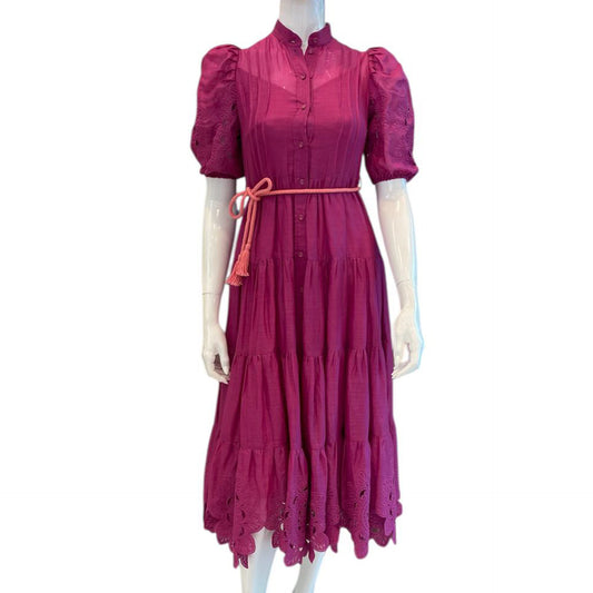 PINK BRODERIE ANGLAISE RAMIE TIERED SCALLOP MIDI DRESS S