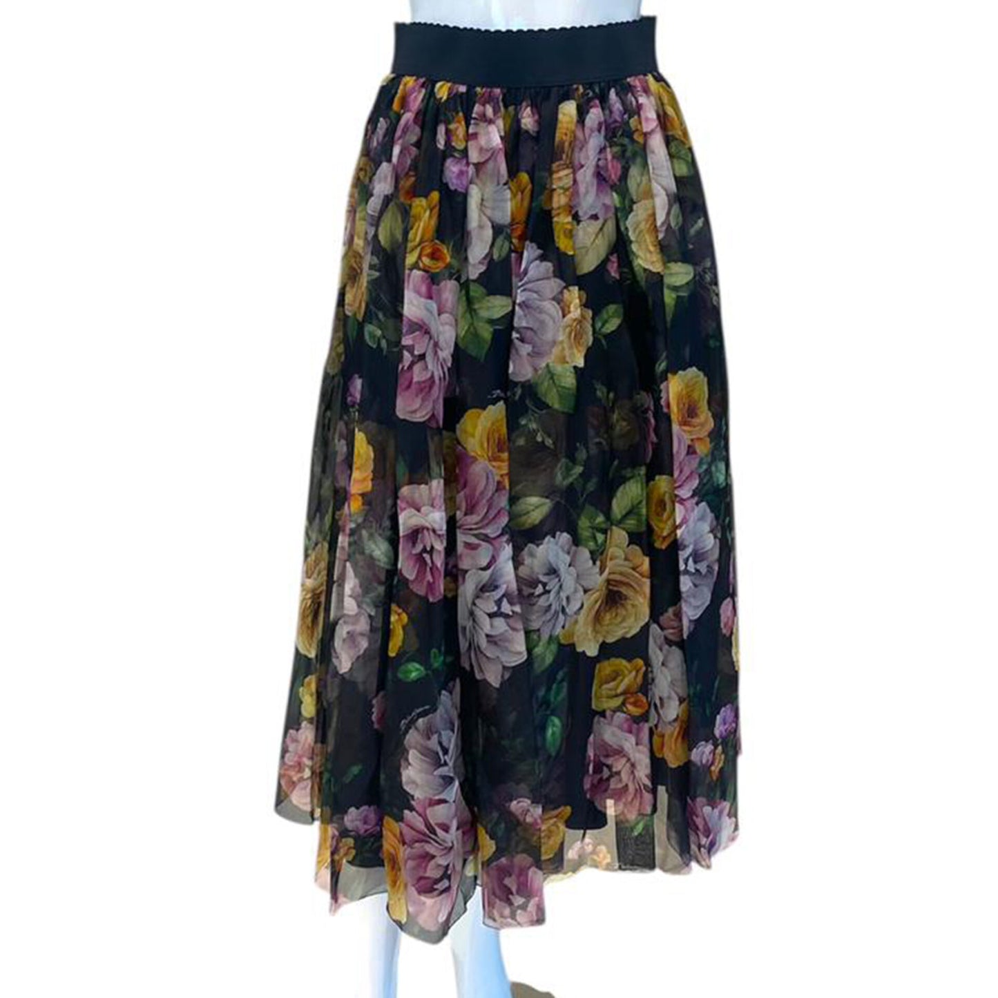 BLACK FLORAL PRINT SILK ORGANZA MIDI SKIRT 40