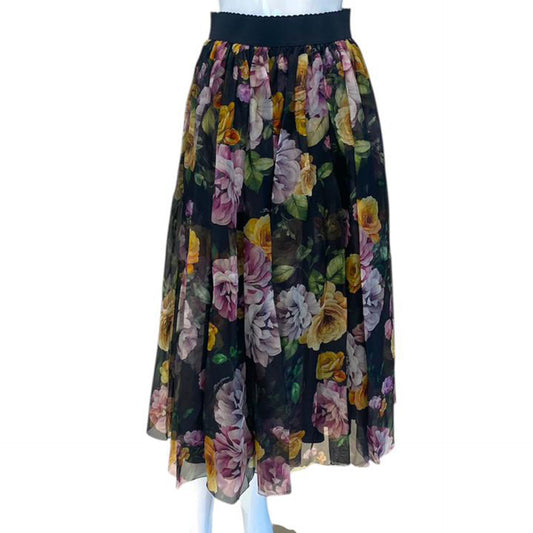 BLACK FLORAL PRINT SILK ORGANZA MIDI SKIRT 40