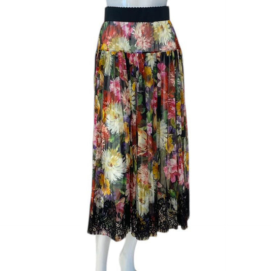 BLACK FLORAL PRINT SILK CHIFFON PLEATED SKIRT 40