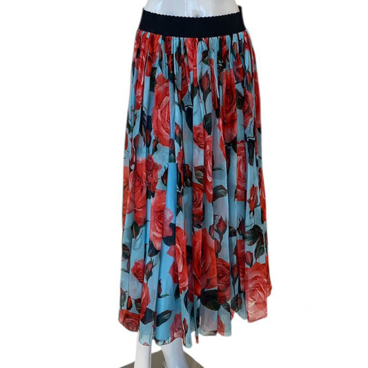 BLUE RED ROSES PRINT CHIFFON SKIRT 40