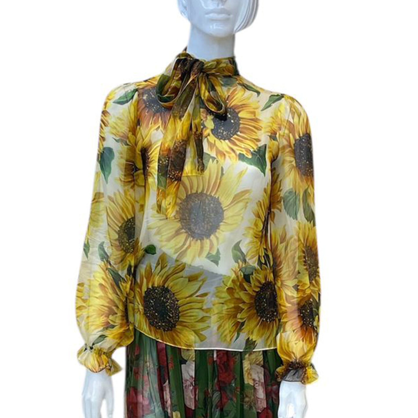 YELLOW SUNFLOWER PRINT FRONT TIE UP NECK BLOUSE 42