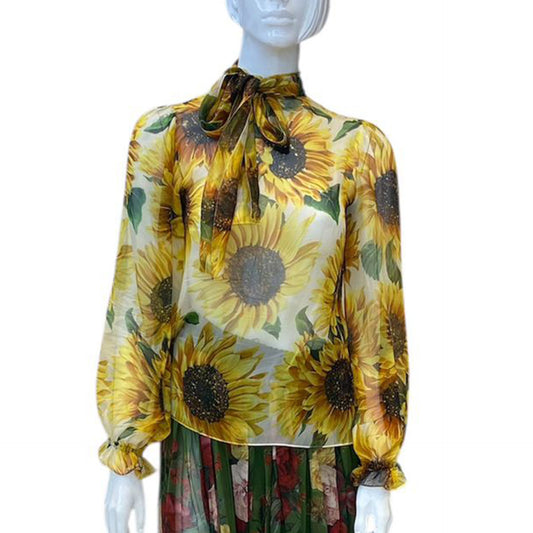 YELLOW SUNFLOWER PRINT FRONT TIE UP NECK BLOUSE 42