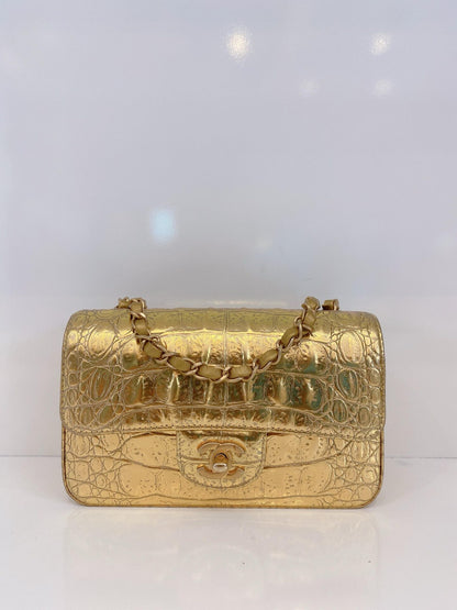 GOLD METALLIC CALFSKIN CROCODILE EMBOSSED RECTANGULAR MINI FLAP BAG